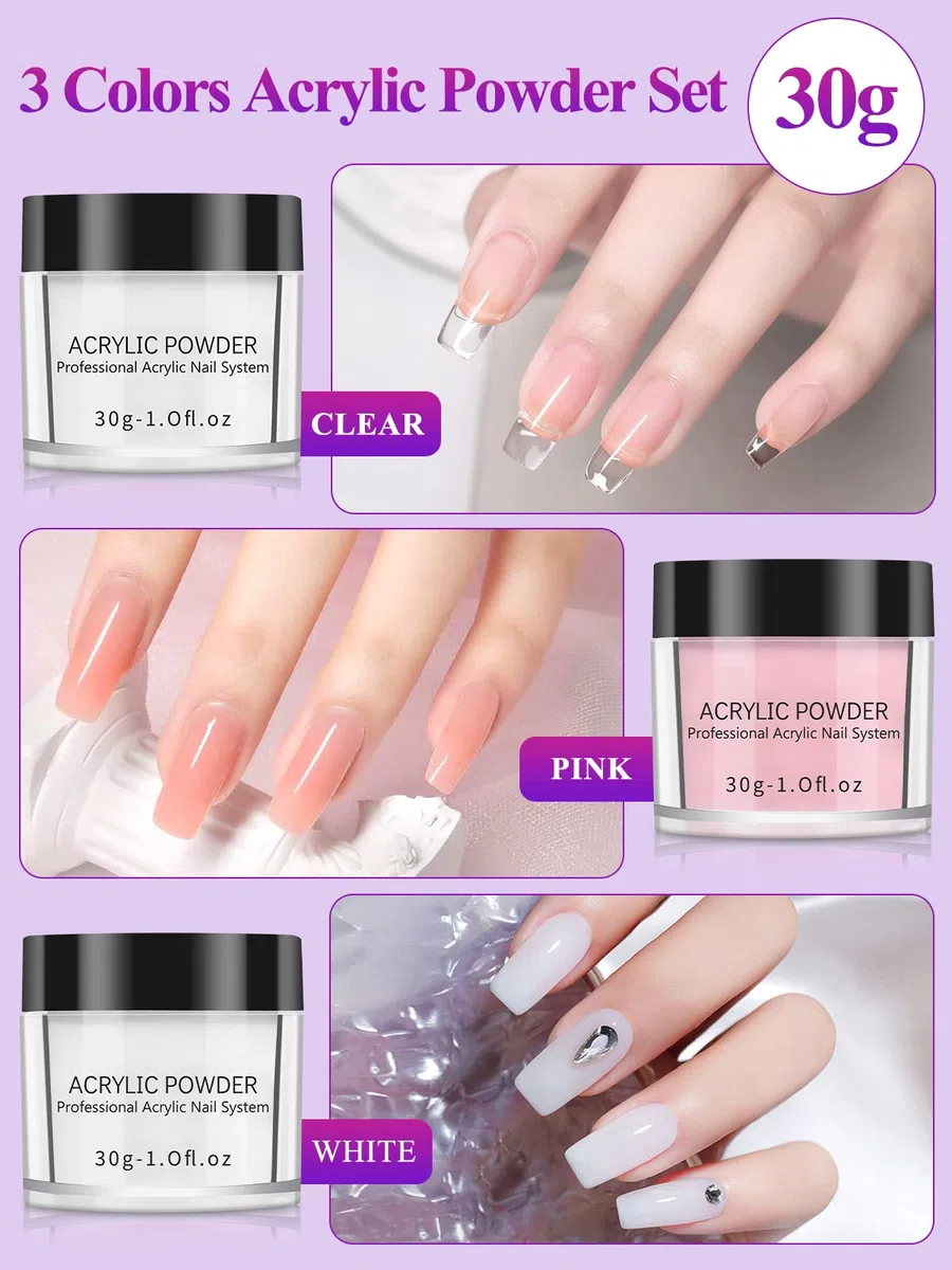 Yokilly Poudre Acrylique Pour Ongles: 30G Acrylique Kit Ongle Avec Transparent Rose Blanc Resine Ongle Poudre - Professionnels Kit Acrylique Ongles Avec Pinceau Acrylique Ongle