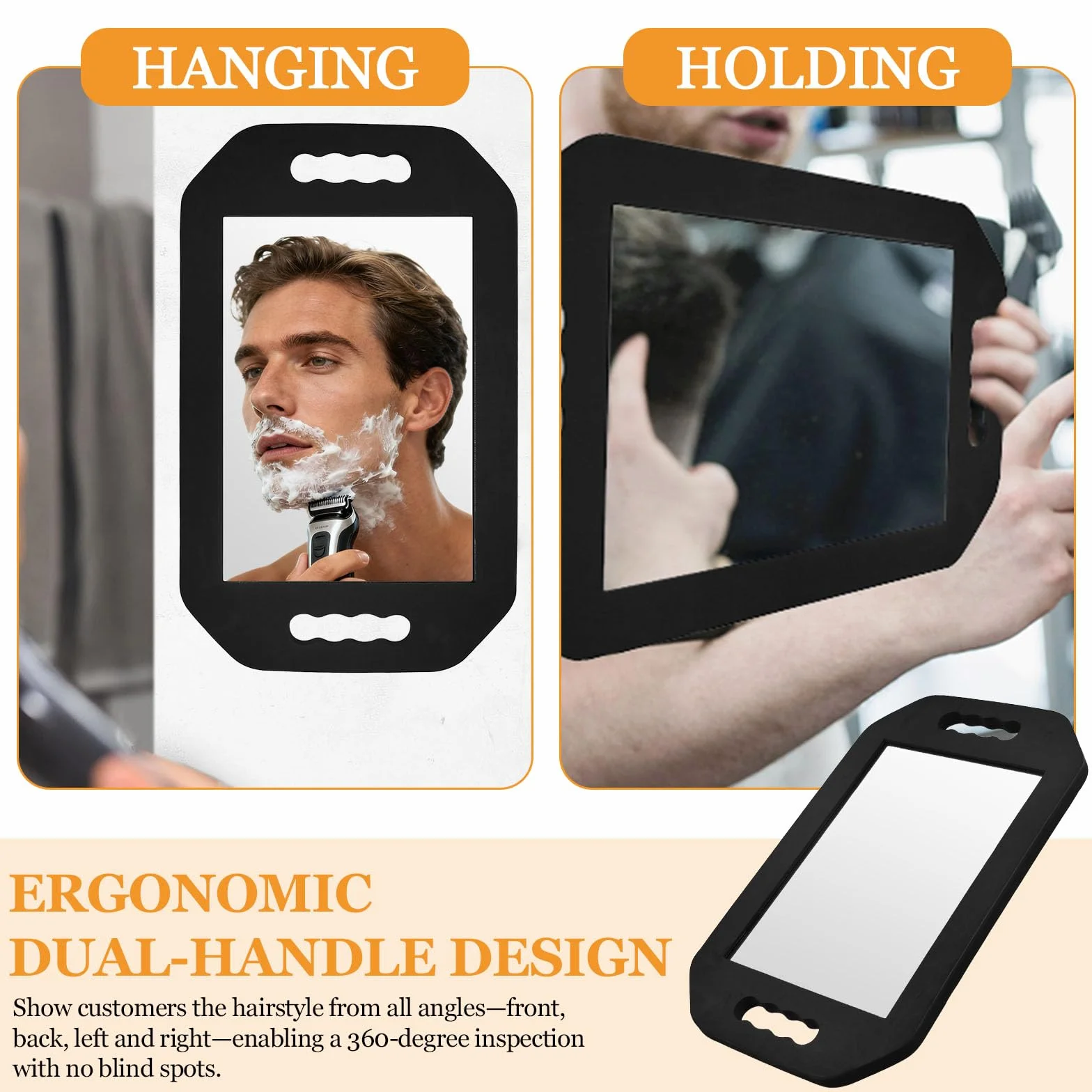 Miroir à Main, avec Double Poignée, Miroir de Coiffure Miroirs à Main à Double Poignée Miroirs de Coiffeur en Mousse Outils de Coiffure Professionnels pour Barbier et Salon de Coiffures, Noir