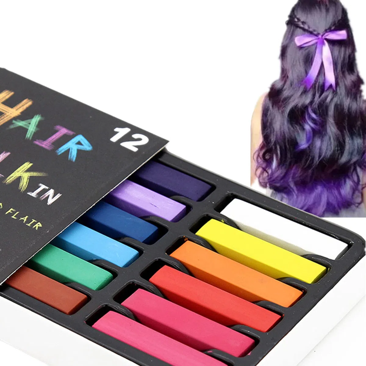 12 Couleurs Craie Cheveux, Teinture Coloration Temporaire Non Toxique pour Filles Enfants Cadeau, Idée pour Anniversaire Halloween Noël Fête Cosplay
