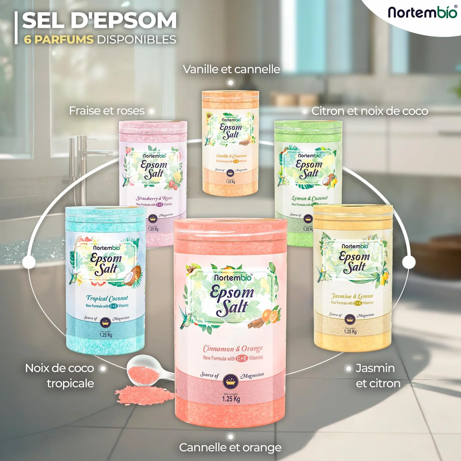 Nortembio Sels d'Epsom Parfumés 1,25 kg Sel de Bain au Magnésium, Vitamines C & E | Bain de Pieds, Spa Maison, Relaxation et Bien-être | Parfum au Choix + eBook Gratuit (Fraises & Roses)