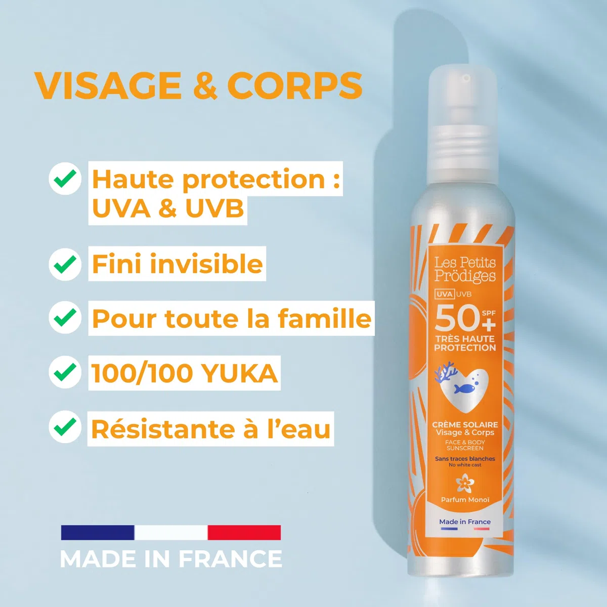 LES PETITS PRODIGES Creme Solaire SPF 50+ Visage & Corps - Invisible - Haute Protection UVA, UVB - Hydratant & Apaisant - Senteur Monoï - Flacon Aluminium Recyclable - Fabriquée en France - 50ml