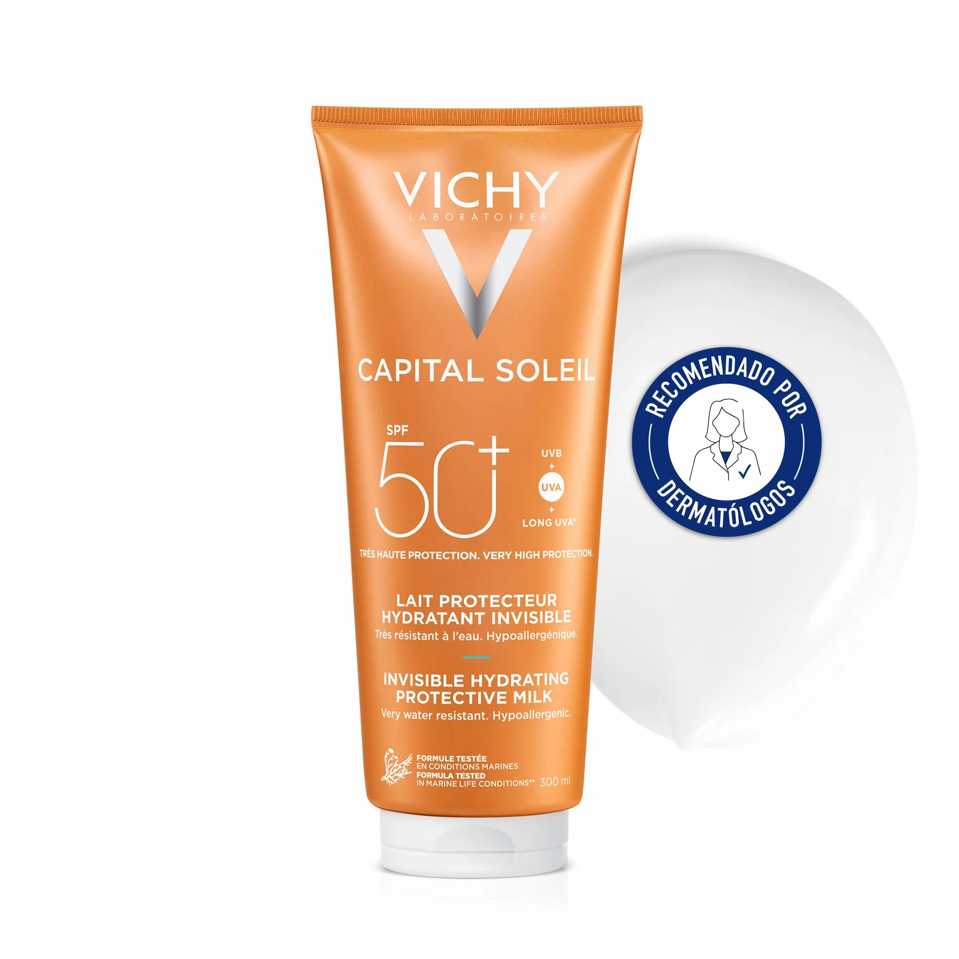 Vichy, Capital Soleil, Lait Solaire Hydratant SPF50+, Visage et Corps, Résiste à l'Eau, Protection Très Large Spectre UVA et UVB, Tous Types de Peau, 300 ml