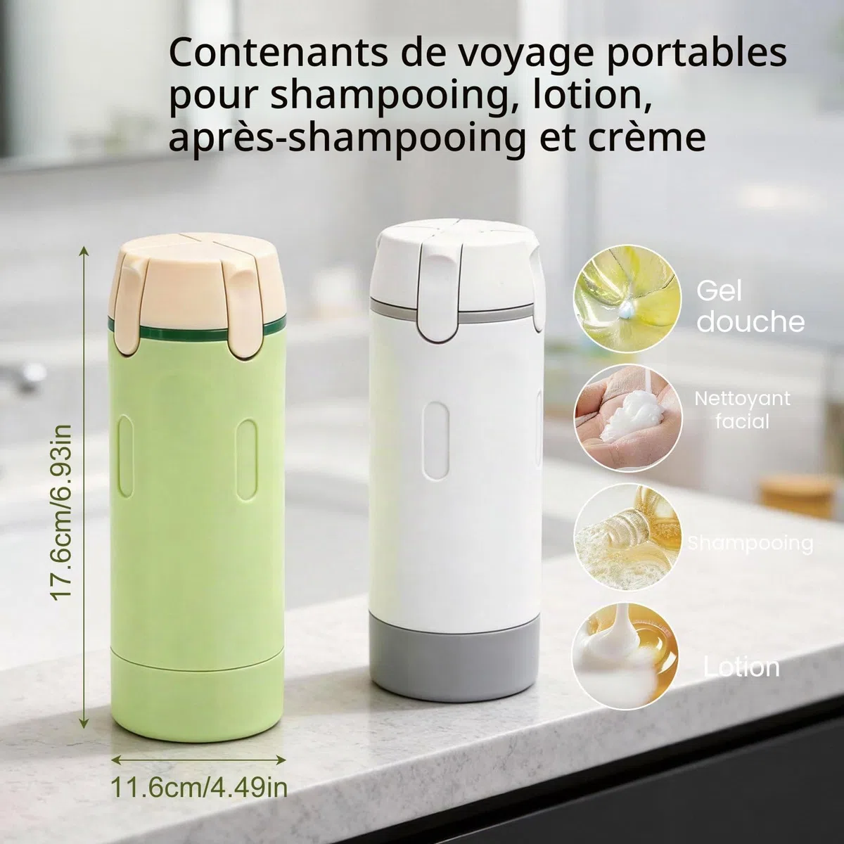 Lot de flacons distributeurs de voyage 4 en 1 : flacons compressibles rechargeables, étanches pour articles de toilette - Conteneurs de voyage portables pour shampooing, lotion, après-shampoing et