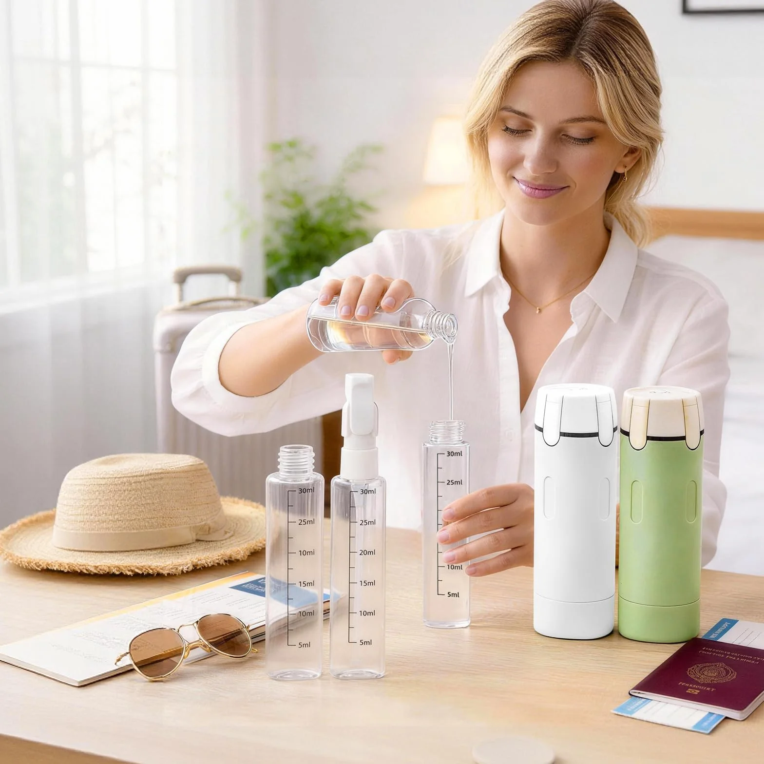 Lot de flacons distributeurs de voyage 4 en 1 : flacons compressibles rechargeables, étanches pour articles de toilette - Conteneurs de voyage portables pour shampooing, lotion, après-shampoing et
