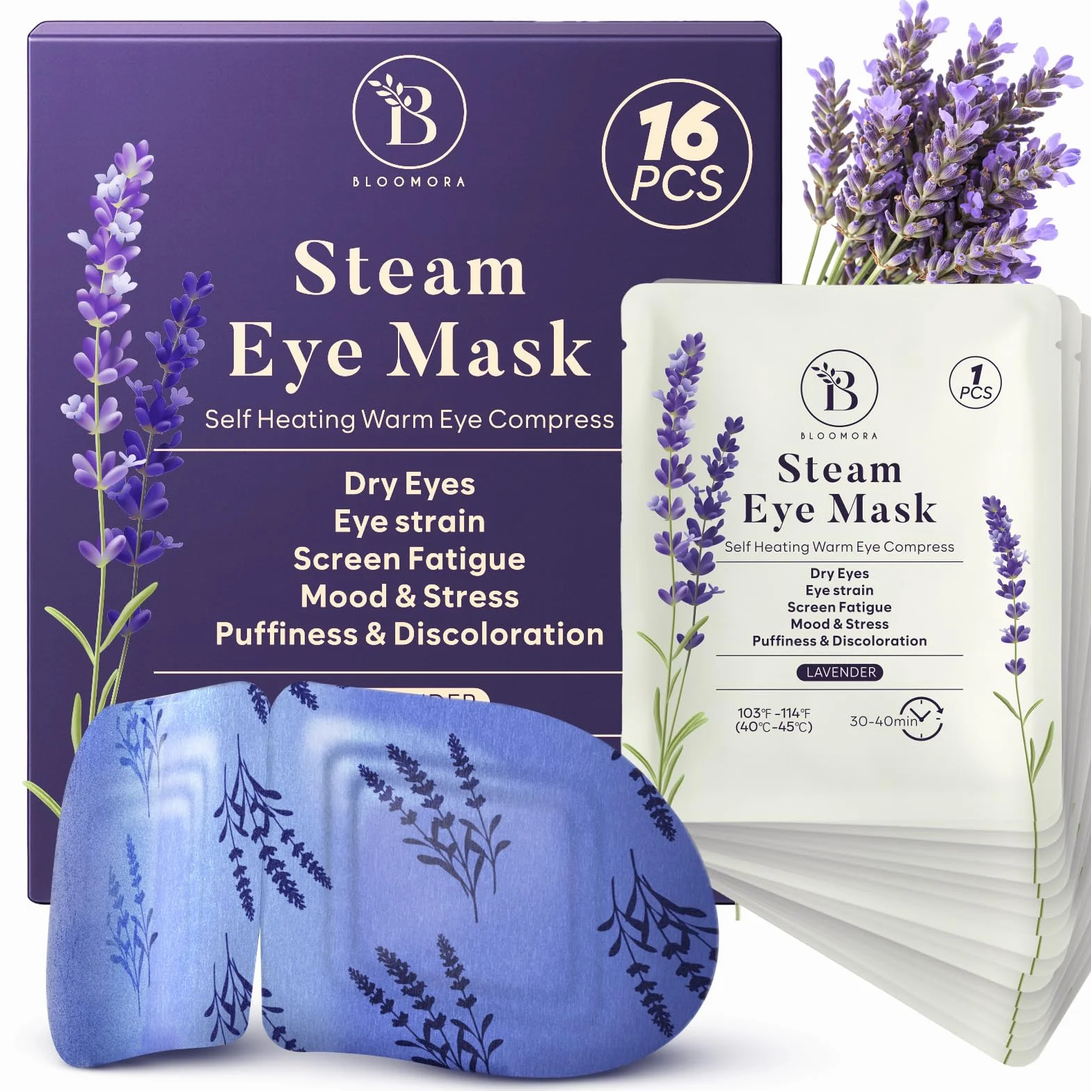 Lot de 16 Masque Chauffant Yeux à la Lavande – Masque Chauffant Vapeur pour Relaxation, Patch Yeux Secs, Poches et Fatigue – Compresses Auto-Chauffantes Jetables pour le Sommeil et les Voyages