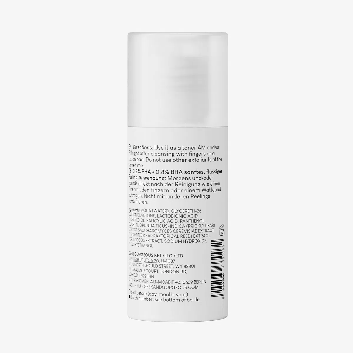 Geek & Gorgeous Calm Down – Exfoliant Doux Visage aux Acides PHA et BHA, Exfolie Délicatement, Hydrate et Apaise les Peaux Sensibles, 30 ml