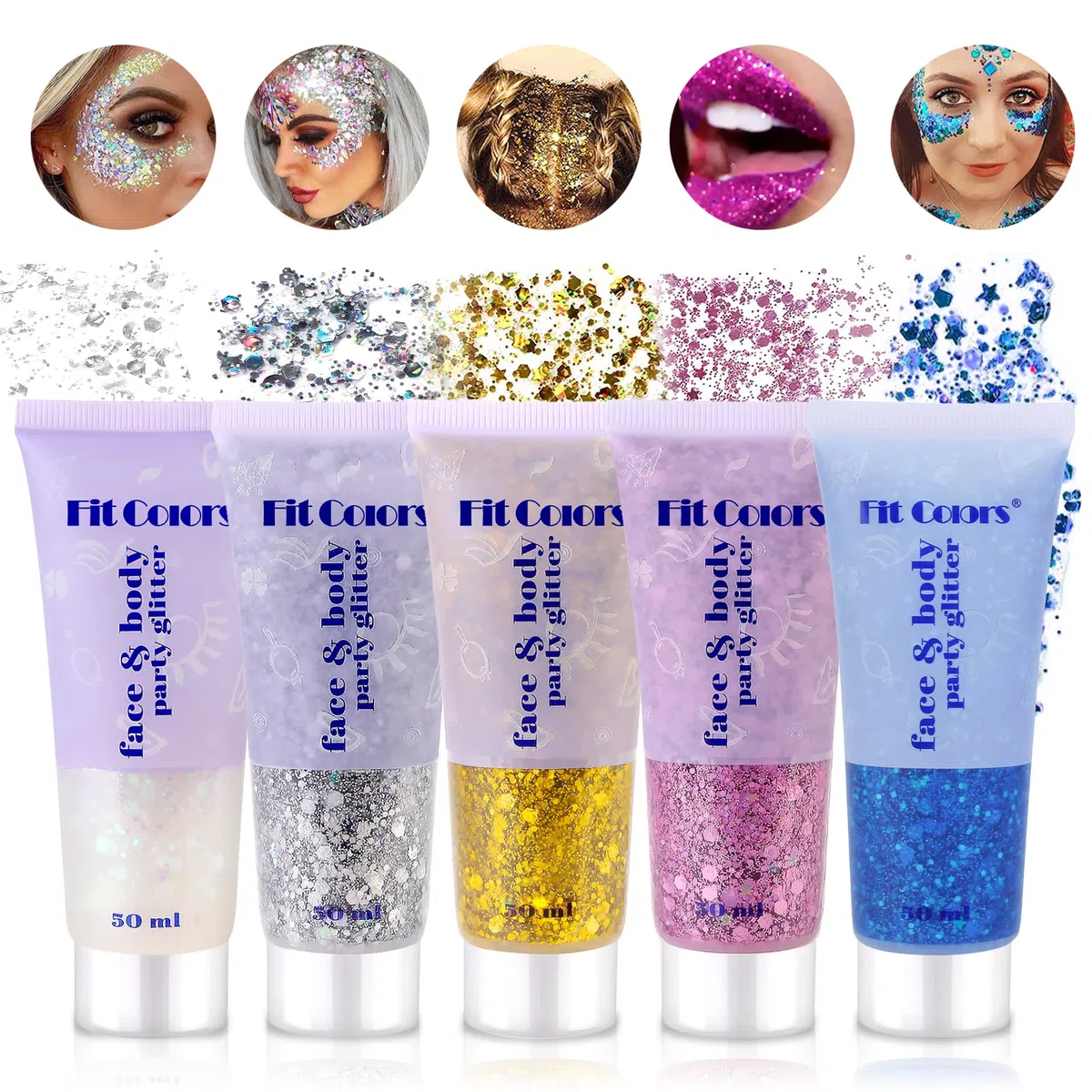 Vegena - Lot de 5 bouteilles de gel pailleté pour le corps - Pour le visage, les cheveux, les lèvres, les ongles, les festivals, les fêtes - Blanc + argent + or + rose + bleu