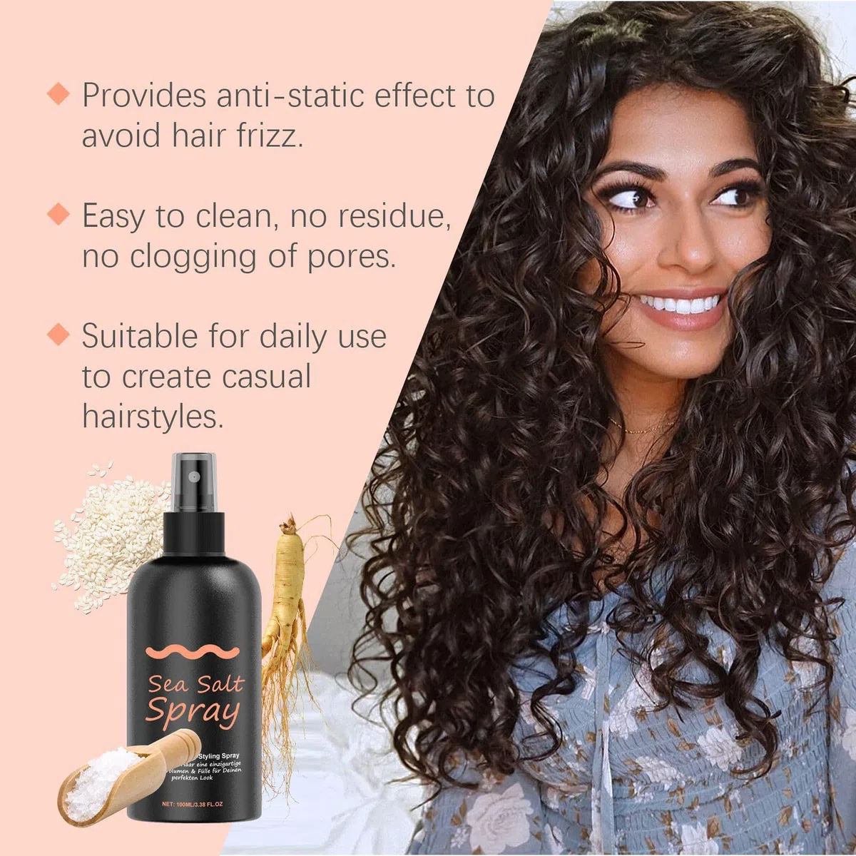 Sea Salt Spray, Men's Spray Texturant au Sel Marin, Spray Coiffant Eau de Mer, Spray Eau de Mer Cheveux pour Cheveux Plus Volumineux & Texture Stable, 06