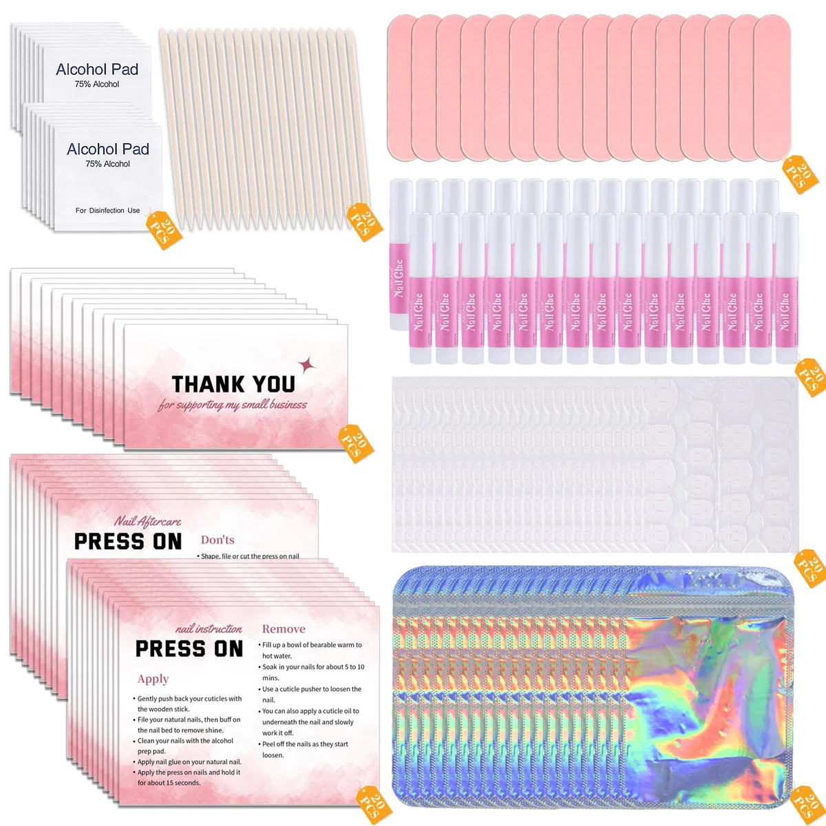 20 Sets Kit Pour Ongles Pressé Jetable de Préparation Pour Ongles, Colle pour lime à ongles, Pad de Préparation, Pastilles Adhésives pour Ongles, Bâtonnet en Bois, Notice d’utilisation, Sac (Rose)