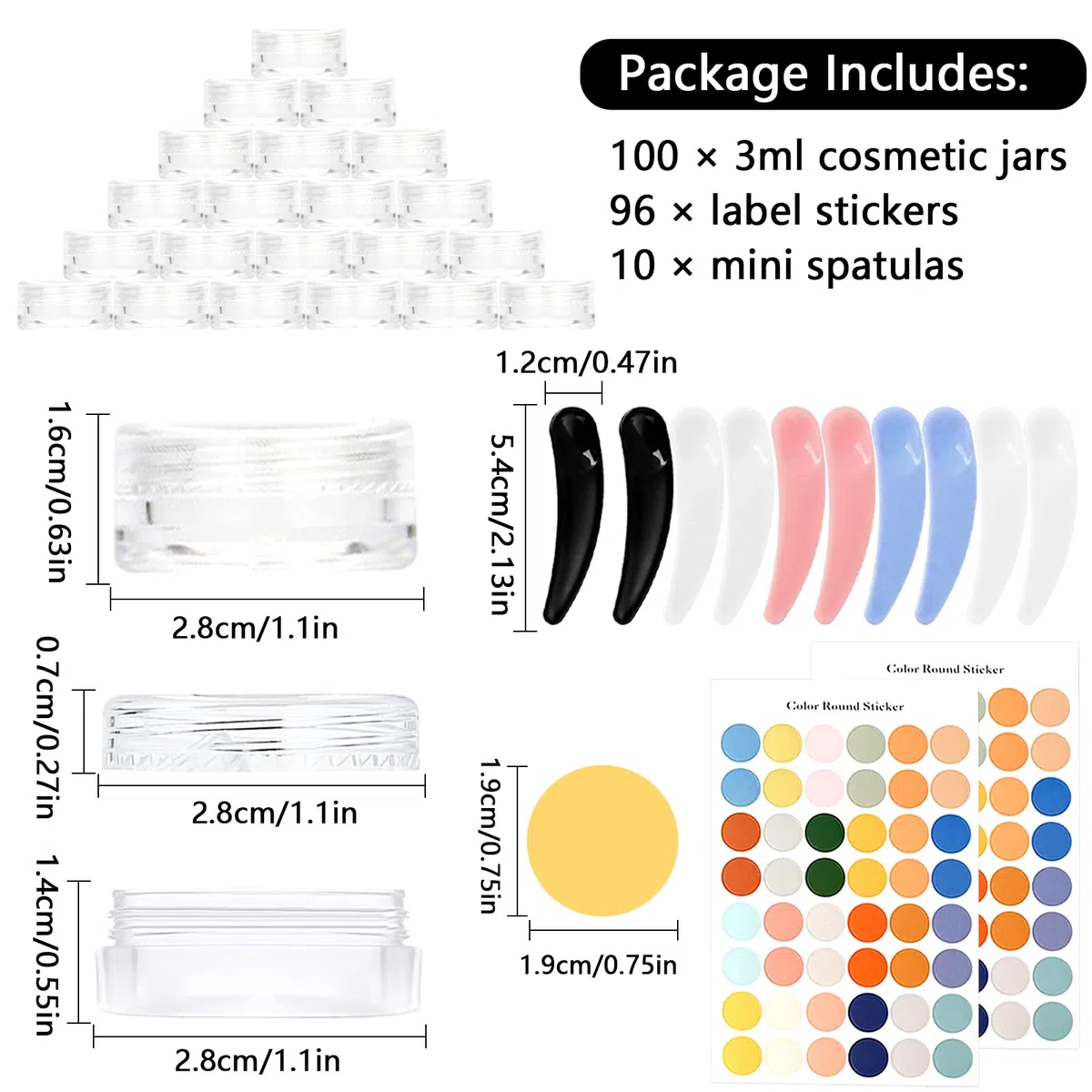 RUIJIE 100 Pcs 3g/3ml Contenants Cosmétiques Transparent avec 10 Spatule & 96 Autocollants, Pots Cosmétiques en Plastique, Mini Pots Ronds Clairs Vides Pots d'échantillons de Voyage pour Lotion, Crème