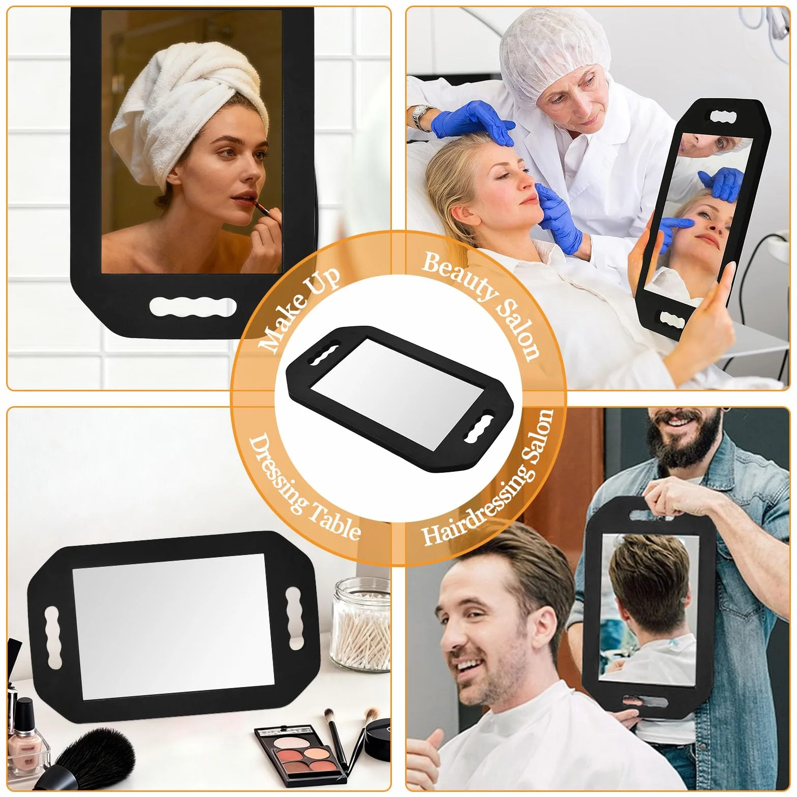 Miroir à Main, avec Double Poignée, Miroir de Coiffure Miroirs à Main à Double Poignée Miroirs de Coiffeur en Mousse Outils de Coiffure Professionnels pour Barbier et Salon de Coiffures, Noir