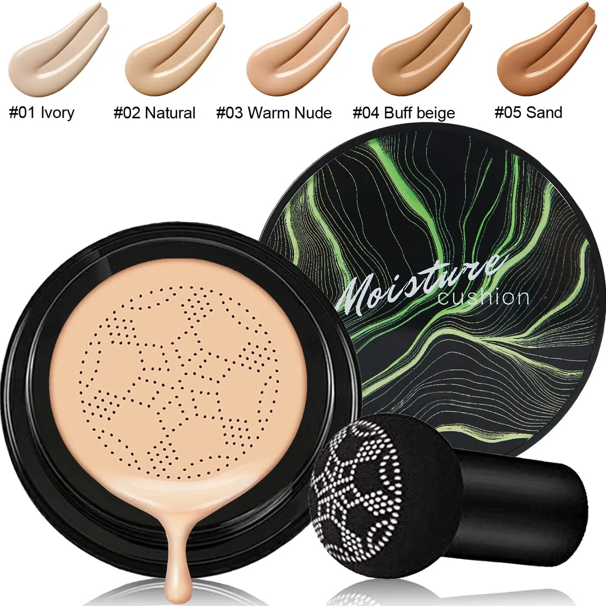 Mushroom Head Air Cushion CC Crème Fondation,PHOERA Fond de Teint Couvrant Et Face Primer Liquide Couverture Complète Foundation Correcteur,Pinceaux Fond de Teint (101 Porcelain+ 02Natural CC)