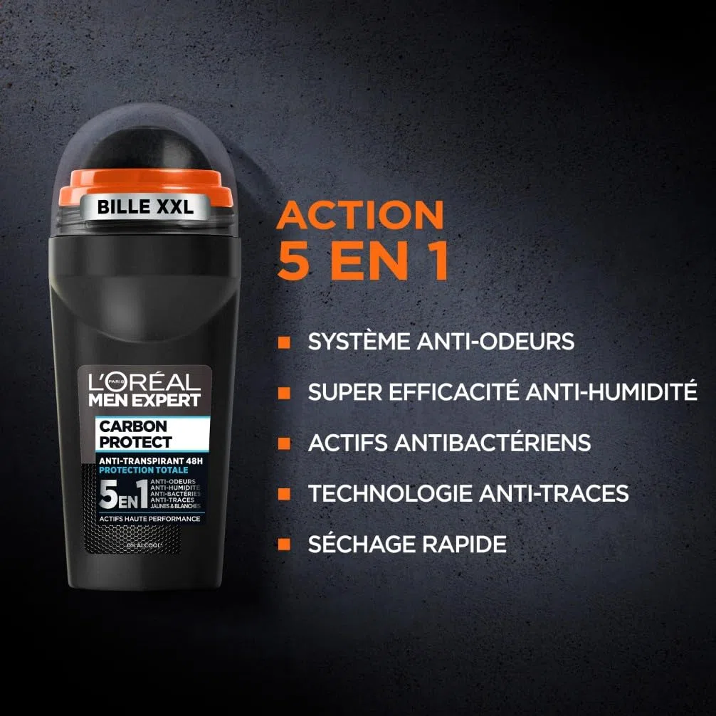 L'Oréal Paris Men Expert - Carbon Protect Ice Fresh - Déodorant Bille Spray Homme Anti-Traces - 50 ml - Lot de 6