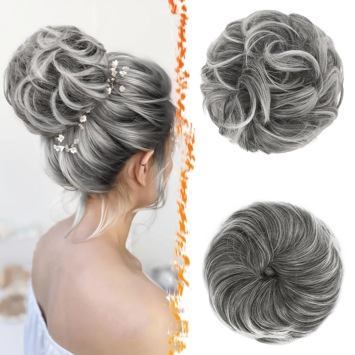 BARSDAR 2 PCS Chignon Postiche Cheveux, Faux Chignon Extensions Elastique Chouchou Postiche de Cheval pour Femmes Synthétique Épais Donut Updo Scrunchies Extension Postiches - Gris Foncé & Blanc Tips