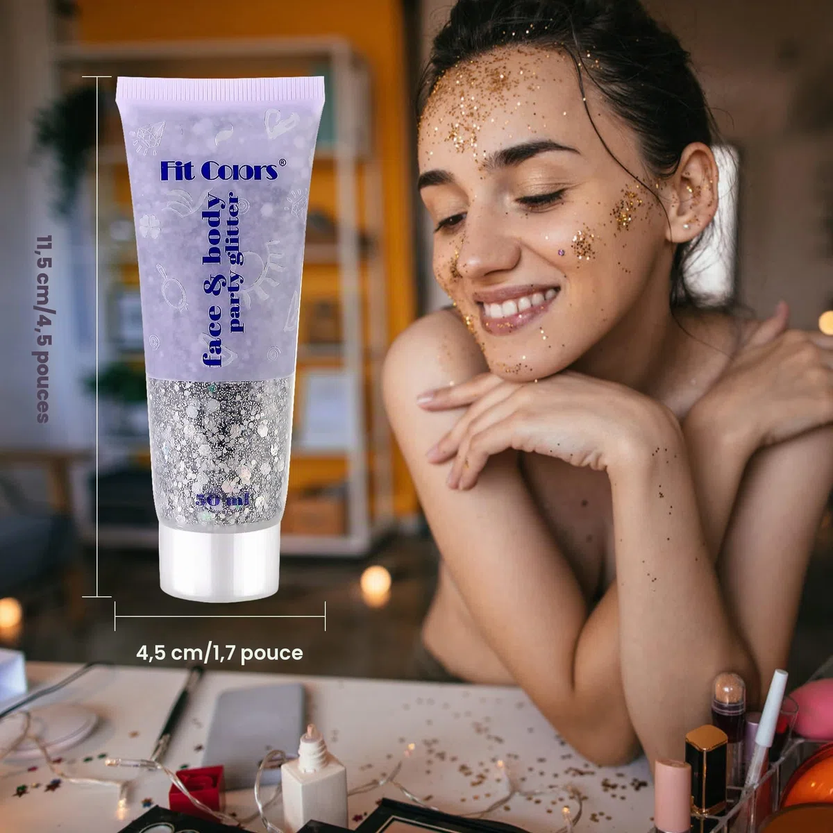 Vegena - Lot de 5 bouteilles de gel pailleté pour le corps - Pour le visage, les cheveux, les lèvres, les ongles, les festivals, les fêtes - Blanc + argent + or + rose + bleu