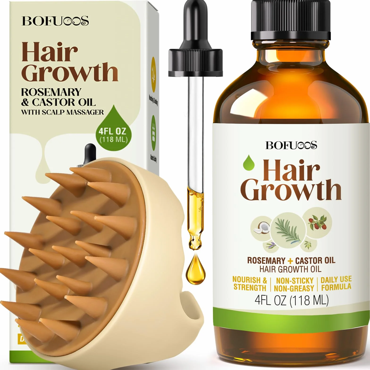 Huile de Ricin Bio Pressée à Froid, Huile de Romarin pour Cheveux avec Brosse Massage Cuir Chevelu, 118 ml