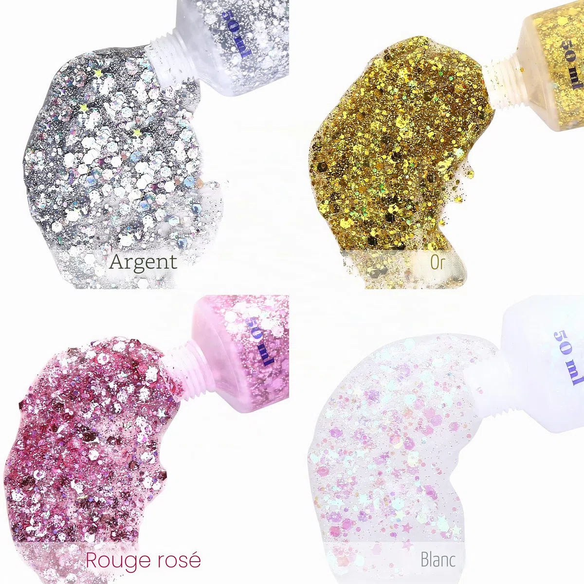 Vegena - Lot de 5 bouteilles de gel pailleté pour le corps - Pour le visage, les cheveux, les lèvres, les ongles, les festivals, les fêtes - Blanc + argent + or + rose + bleu