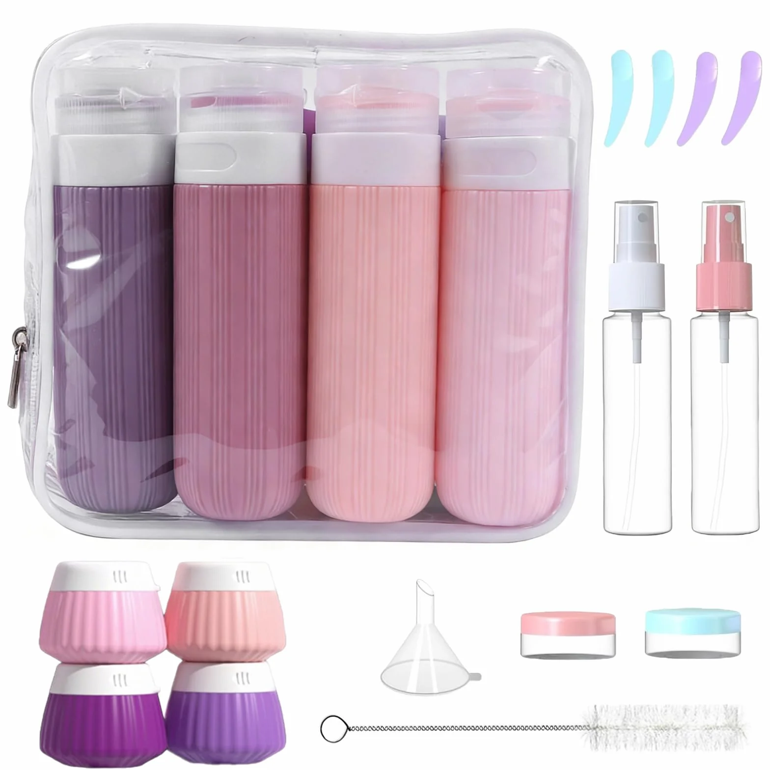 Kit 18 Pièces Flacons Voyage Réutilisables, Bouteilles Silicone Anti-Fuite, Rechargeables et Étiquettes Incluses, pour Shampooing, Lotion, Articles de Toilette (Violet)